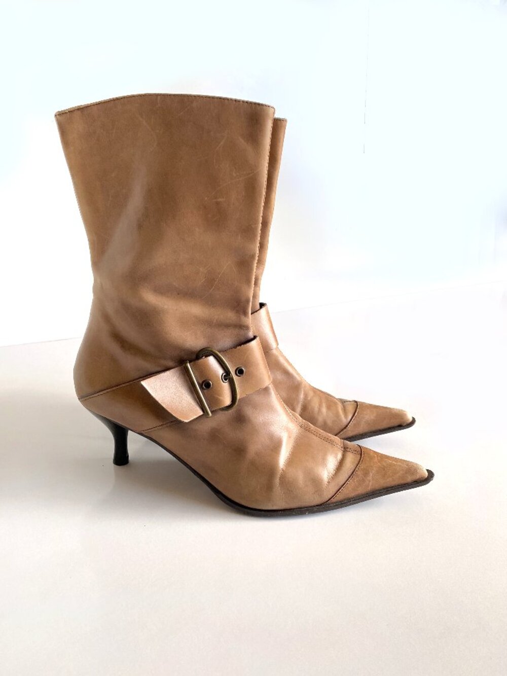 Italian Leather Belted Ankle Boots EU 38 /US 7.5 Brown Pointed Toe Side Zip Heel